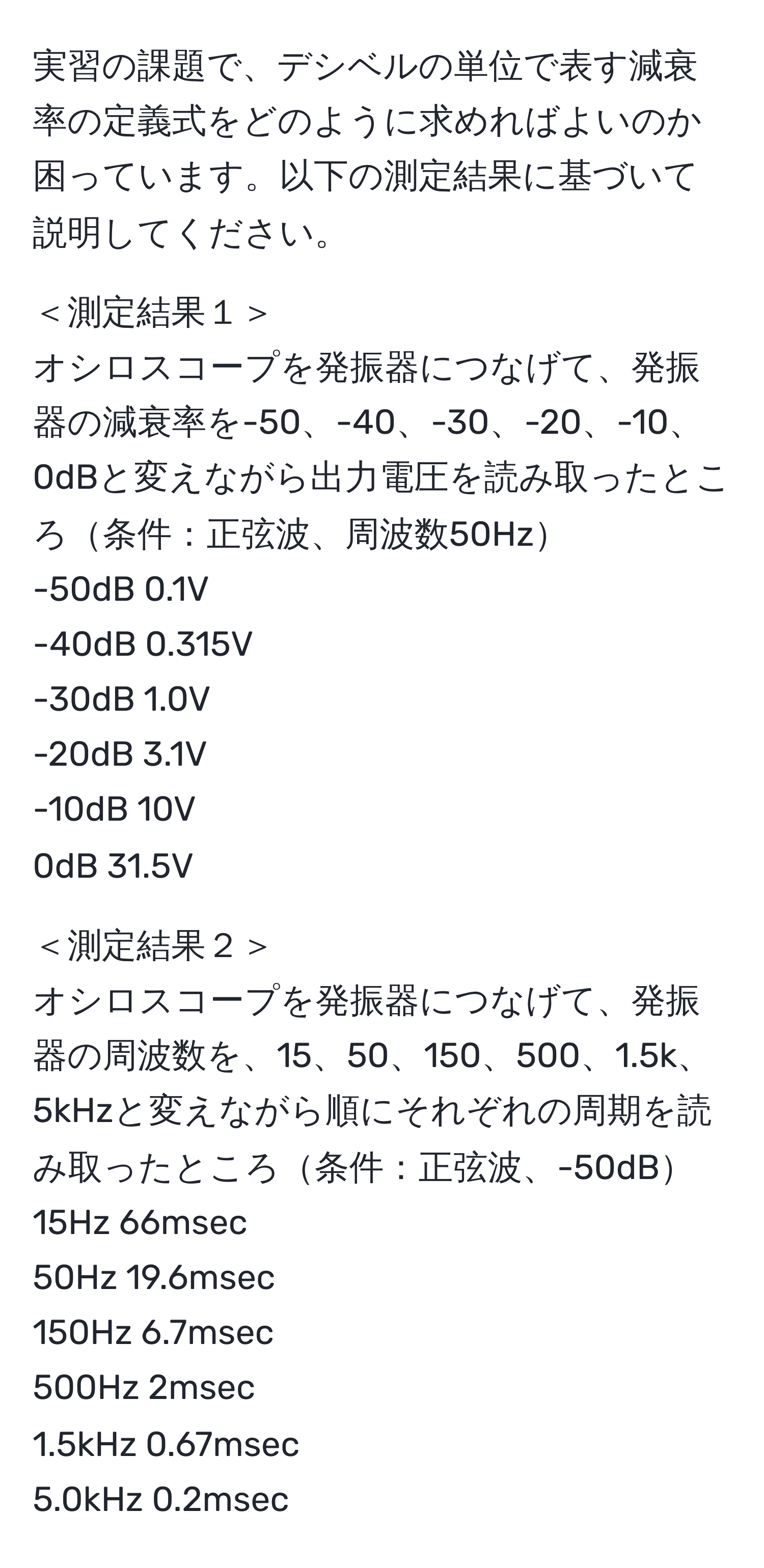 実習の課題で、デシベルの単位で表す減衰率の定義式をどのように求めればよいのか困っています。以下の測定結果に基づいて説明してください。  

＜測定結果１＞  
オシロスコープを発振器につなげて、発振器の減衰率を-50、-40、-30、-20、-10、0dBと変えながら出力電圧を読み取ったところ条件：正弦波、周波数50Hz  
-50dB 0.1V  
-40dB 0.315V  
-30dB 1.0V  
-20dB 3.1V  
-10dB 10V  
0dB 31.5V  

＜測定結果２＞  
オシロスコープを発振器につなげて、発振器の周波数を、15、50、150、500、1.5k、5kHzと変えながら順にそれぞれの周期を読み取ったところ条件：正弦波、-50dB  
15Hz 66msec  
50Hz 19.6msec  
150Hz 6.7msec  
500Hz 2msec  
1.5kHz 0.67msec  
5.0kHz 0.2msec