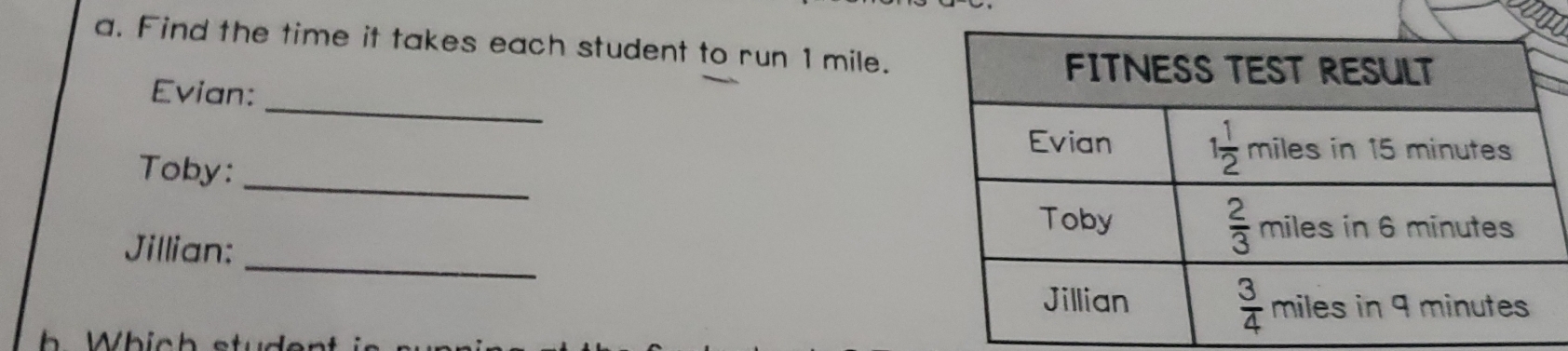 Find the time it takes each student to run 1 mile.
Evian:
_
Toby:_
Jillian:
_
h Whicbotud