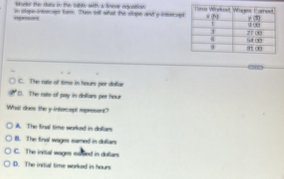 Madel the dste in the sable with a foese eequaltion 
in stope-intercapt form. Then tell what the slope and y intercup
rg h s erd
C. The cate of time in hours per doltar
D. The cate of pay in doftars per hour
What does the y-intercapt rpresent?
A. The final time worked in delliars
B. The final wages eamed in dolliars
C. The initial wages eamed in delurs
D. The initial time worked is hours