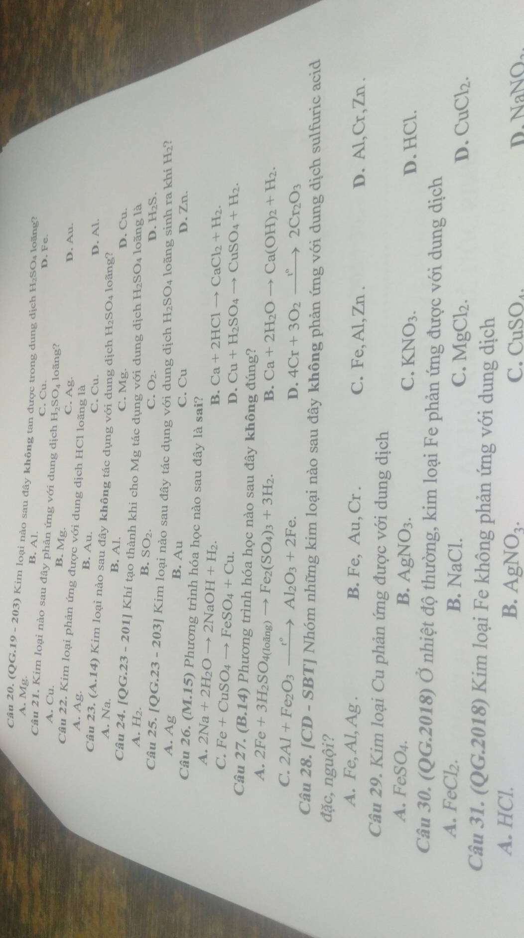 (QG.19 - 203) Kim loại nào sau đây không tan được trong dung dịch H₂SO₄ loãng?
A. Mg. B. Al. C. Cu.
D. Fe.
Câu 21. Kim loại nào sau đây phản ứng với dung dịch H_2SO_4 loãng?
A. Cu.
B. Mg.
C. Ag. D. Au.
Câu 22. Kim loại phản ứng được với dung dịch HCl loãng là
A. Ag. B. Au. C. Cu. D. Al
Câu 23. (A.14) Kim loại nào sau đây không tác dụng với dung dịch H_2SO_4 loãng?
A. Na. B. Al.
C. M g. D. Cu.
Câu 24. [QG.23-201] Khí tạo thành khi cho Mg tác dụng với dung dịch H_2SO_4 4 loãng là
A. H2. D. H_2S.
B. SO_2.
C. O_2.
Câu 25.[QG.23-203] Kim loại nào sau đây tác dụng v6i dung dịch H_2SO_4 loãng sinh ra khí H_2 2
A. Ag B. Au
C. Cu D. Zn.
Câu 26.(M.15) Phương trình hóa học nào sau đây là sai?
A. 2Na+2H_2Oto 2NaOH+H_2.
C. Fe+CuSO_4to FeSO_4+Cu.
B. Ca+2HClto CaCl_2+H_2.
D. Cu+H_2SO_4to CuSO_4+H_2.
Câu 27.(B.14) Phương trình hóa học nào sau đây không đúng?
A. 2Fe+3H_2SO_4(loang)to Fe_2(SO_4)_3+3H_2.
B. Ca+2H_2Oto Ca(OH)_2+H_2.
C. 2Al+Fe_2O_3xrightarrow r°Al_2O_3+2Fe.
D. 4Cr+3O_2to 2Cr_2O_3
Câu 28. [CD-SBT] Nhóm những kim loại nào sau đây không phản ứng với dung dịch sulfuric acid
đặc, nguội?
A. Fe,A l, Ag . B. Fe, Au, Cr . C. Fe,Al, Zn .
D. Al,Cr, 10
Câu 29. Kim loại Cu phản ứng được với dung dịch
A. FeSO_4. B. AgNO_3. C. KNO_3.
D. HCl.
Câu 30. (C (G.2018) Ở nhiệt độ thường, kim loại Fe phản ứng được với dung dịch
A. FeCl_2. B. NaCl. C. MgCl_2.
D. CuCl_2.
Câu 31. (QG.2018) Kim loại Fe không phản ứng với dung dịch
A. HCl. B. AgNO_3.
C. CuSO_4. D. NaNO_2