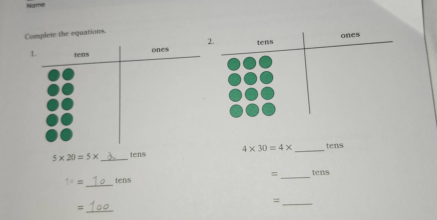 Name 
Complete the equations. 
2. tens ones 
1. tens 
ones
5* 20=5* _tens 4* 30=4* _ 
tens 
= _tens
1°= _ tens
_= 
_=