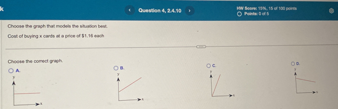 < Question 4, 2.4.10 HW Score:  15%, 15 of 100 points Points: 0 of 5
Choose the graph that models the situation best.
Cost of buying x cards at a price of $1.16 each
Choose the correct graph. D.
B.
C.
A.
y
y
y
x
x. x