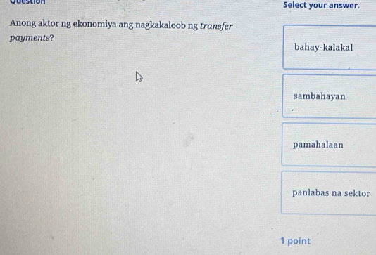 Question Select your answer.
Anong aktor ng ekonomiya ang nagkakaloob ng transfer
payments?
bahay-kalakal
sambahayan
pamahalaan
panlabas na sektor
1 point