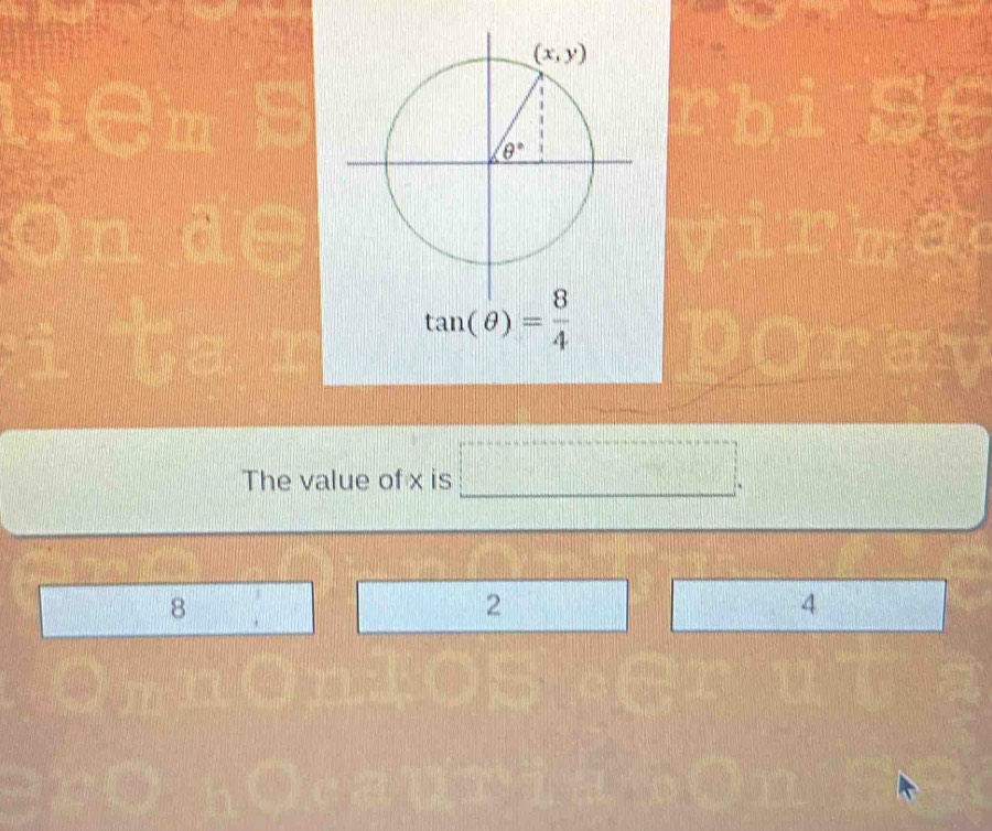 tan (θ )= 8/4 
The value of x is □ .
8
2
4