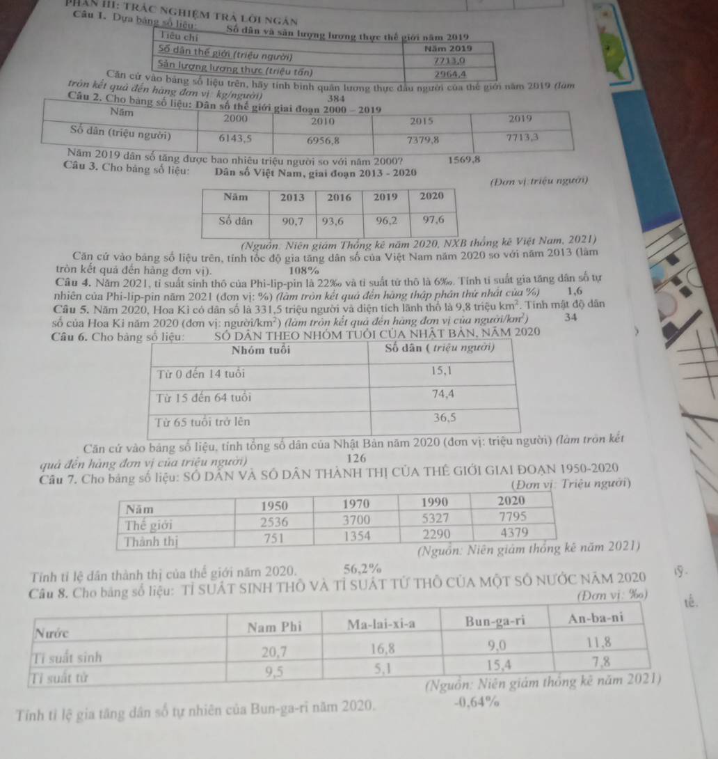 phân h: trác nghiệm trà lời ngắn
Câu 1. Dựa bảng số liêu
Căy tính bình quân lương thực đầu người của thể giới năm 2019 (làm
trôn kết quả đến hàng đơn vị kg/người) 
Câu 2. C
được bao nhiêu triệu người so với năm 2000? 1569,8
Câu 3. Cho bảng số liệu: Dân số Việt Nam, giai đoạn 2013 - 2020
(Đơn vị triệu người)
(Nguồn: Niên giám Thổng kê năm 2020ng kê Việt Nam, 2021)
Căn cứ vào bảng số liệu trên, tính tốc độ gia tăng dân số của Việt Nam năm 2020 so với năm 2013 (làm
tròn kết quả đến hàng đơn vị). 108%
Câu 4. Năm 2021, tỉ suất sinh thô của Phi-lip-pin là 22‰ và tỉ suất tử thô là 6‰. Tính tỉ suất gia tăng dân số tự
nhiên của Phi-lip-pin năm 2021 (đơn vị: %) (lằm tròn kết quả đến hãng thập phần thứ nhất của %) 1,6
Cầu 5. Năm 2020, Hoa Kỉ có dân số là 331,5 triệu người và diện tích lãnh thổ là 9,8 triệu km^2.  Tinh mật độ dân
số của Hoa Ki năm 2020 (đơn vị: người/k: m^2 ) (làm tròn kết quả đến hãng đơn vị của người/k m^2) 34
Câu 6. Cho hóm tUỏi của nhật bản, năm 2020
Căn cứ vào bảng số liệu, tính tổng số dân của Nhật Bản năm 2020 (làm tròn kết
quả đến hàng đơn vị của triệu người) 126
Cầu 7. Cho bảng số liệu: SÔ DẢN VÀ SÔ DÂN THÀNH THỊ CÚA THÊ GIỚI GIAI ĐOAN 1950-2020
người)
m 2021)
Tỉnh tỉ lệ dân thành thị của thể giới năm 2020. 56,2%
Cầu 8. Cho bảng số liệu: Tỉ SUÁT SINH THÔ VÀ Tỉ SUÁT TỨ THÔ CÚA MộT SÔ NƯỚC NÃM 2020 .
(Đơn vi: ‰)
Tính tỉ lệ gia tăng dân số tự nhiên của Bun-ga-rĩ năm 2020. -0,64%