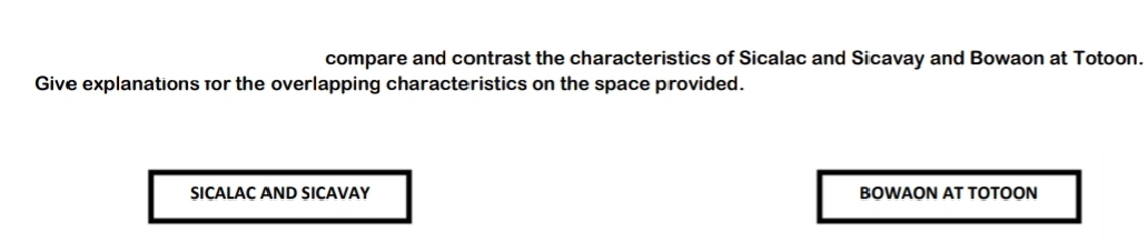 compare and contrast the characteristics of Sicalac and Sicavay and Bowaon at Totoon. 
Give explanations for the overlapping characteristics on the space provided. 
SICALAC AND SICAVAY BOWAON AT TOTOON