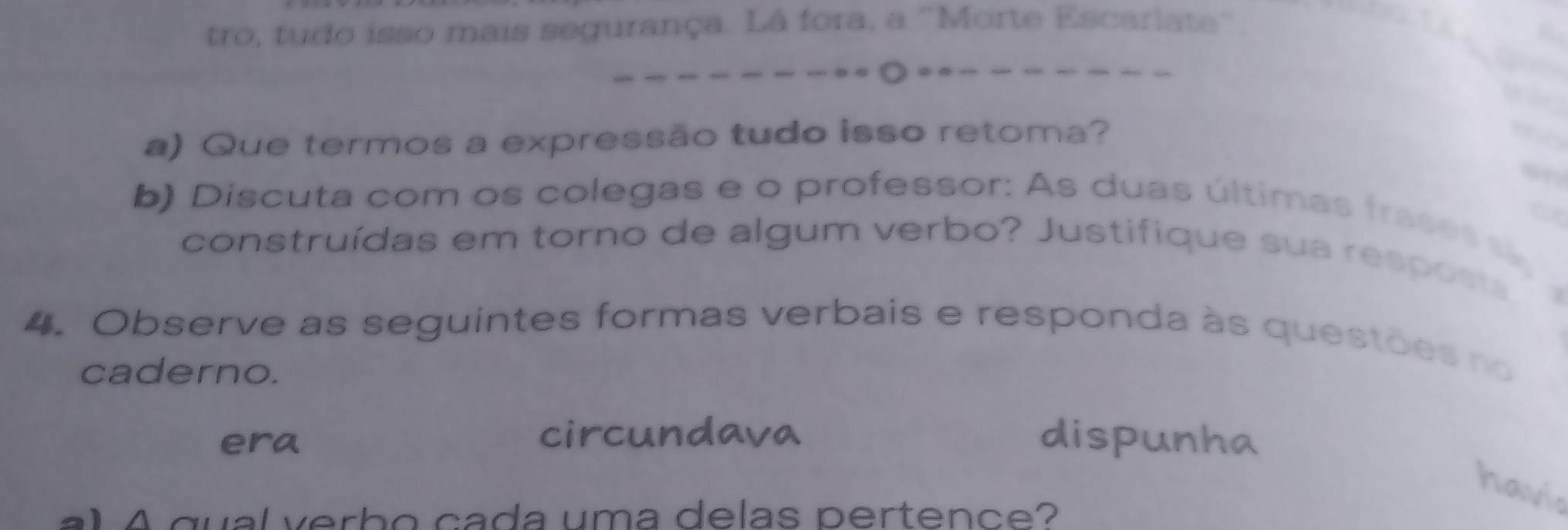 tro, tudo isso mais segurança. Lá fora, a 'Morte Escarlate'' 
. 
a) Que termos a expressão tudo isso retoma? 
or 
b) Discuta com os colegas e o professor: As duas últimas frasess 
a 
construídas em torno de algum verbo? Justifique sua resposta 
4. Observe as seguintes formas verbais e responda às questões no 
caderno. 
era circundava dispunha 
havis 
A qual verbo cada uma delas pertence?