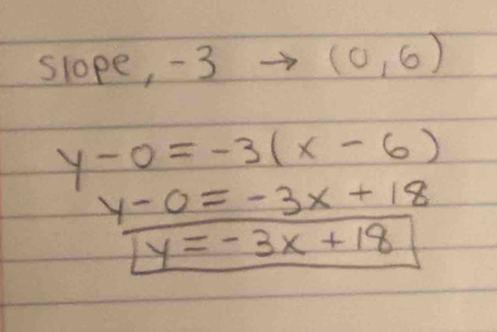 slope, - 3 (0,6)
y-0=-3(x-6)
y-0=-3x+18
y=-3x+18