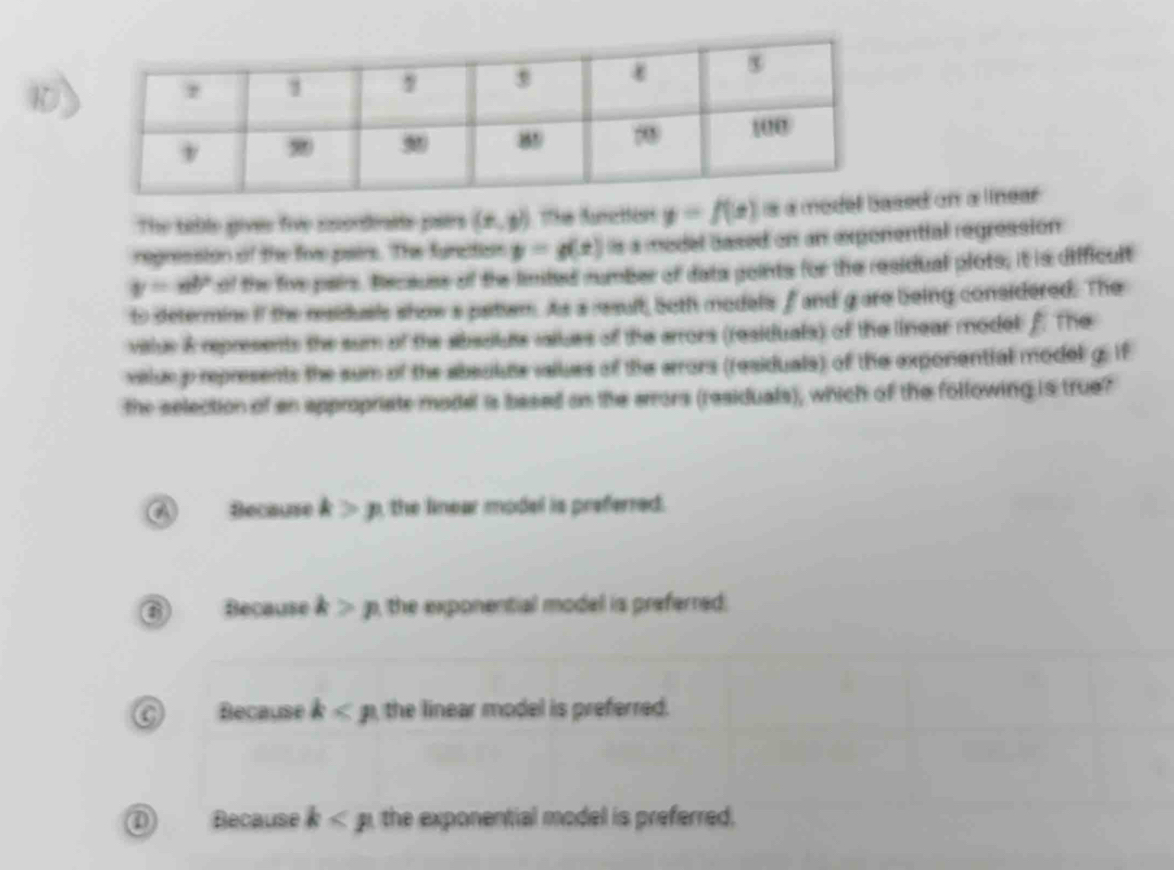The table gives fie inordeaids pairs (x,y) TThe functton y=f(x) s a model basd on a linear 
regression of the fow pairs. The function y=g(x) s a medel cased on an exponential regressión
y=ab^2 of the fivr pairs. Becauss of the lmited number of data goints for the residual plots, it is difficult
to determine if the residusls show a patem. As a result, 5oth models f and gare being considered. The
vittus A represents the sum ot the aibsstuts vaitues of the arrors (residuals) of the linear model f. The
velue p represents the sum of the absulute vaiues of the arrors (residuals) of the exponential model g. if
the selection of an appropriate model is based an the arrors (residuals), which of the following is true?
a Because k>p the linear model is preferred.
Because k>p the exponential model is preferred.
Recause k the linear model is preferred.
Because k the exponential model is preferred.