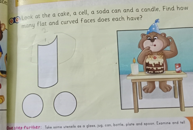 ⑥ Look at the a cake, a cell, a soda can and a candle, Find how 
many flat and curved faces does eve? 
Onestep further: Take some utensils as a glass, jug, can, bottle, plate and spoon. Examine and tell