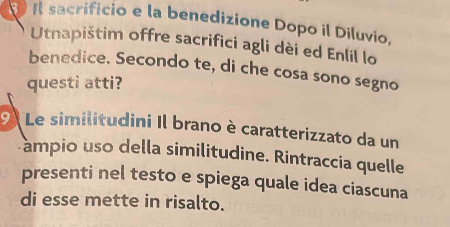 Il sacrificio e la benedizione Dopo il Diluvio, 
Utnapištim offre sacrifici agli dèi ed Enlil lo 
benedice. Secondo te, di che cosa sono segno 
questi atti? 
9 Le similitudini Il brano è caratterizzato da un 
ámpio uso della similitudine. Rintraccia quelle 
presenti nel testo e spiega quale idea ciascuna 
di esse mette in risalto.