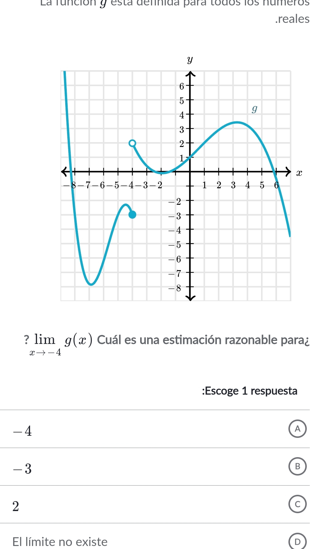 La función y esta dennida para todos los numeros
.reales
limlimits _xto -4g(x) Cuál es una estimación razonable para¿
:Escoge 1 respuesta
-4
A
-3
B
2
C
El límite no existe D