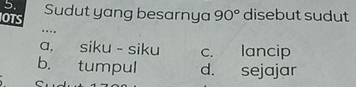 OTS Sudut yang besarnya 90° disebut sudut
….
a, siku - siku c. lancip
b. tumpul d. sejajar