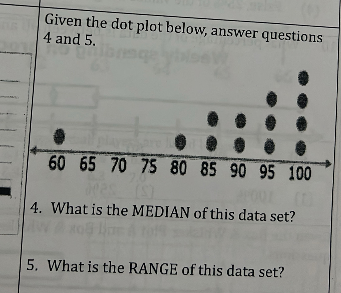 Given the dot plot below, answer questions 
4 and 5. 
4. What is the MEDIAN of this data set? 
5. What is the RANGE of this data set?