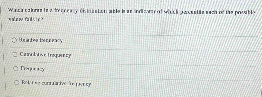 Which column in a frequency distribution table is an indicator of which percentile each of the possible
values falls in?
Relative frequency
Cumulative frequency
Frequency
Relative cumulative frequency