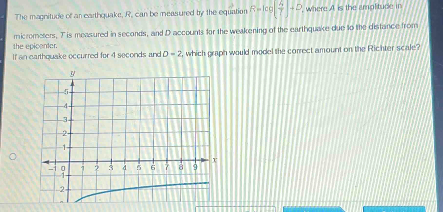 The magnitude of an earthquake, R, can be measured by the equation R=log ( A/T )+D , where A is the amplitude in
micrometers, T is measured in seconds, and D accounts for the weakening of the earthquake due to the distance from
the epicenter.
If an earthquake occurred for 4 seconds and D=2 , which graph would model the correct amount on the Richter scale?
y
5
4
3
2
1
X
-1 0 1 2 3 4 5 6 7 8 9
-1
-2