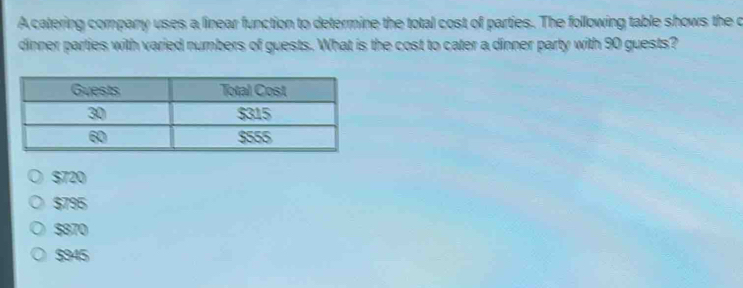 A catering company uses a linear function to determine the total cost of parties. The following table shows the c
dinner parties with varied numbers of guests. What is the cost to cater a dinner party with 90 guests?
$720
$795
$870
$945