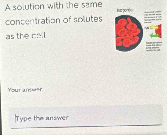 A solution with the same 
concentration of solutes 
as the cell 
Your answer 
Type the answer