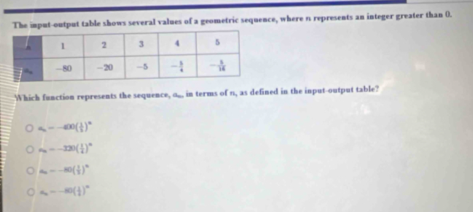 The imput-output table shows several values of a geometric sequence, where n represents an integer greater than 0.
Which function represents the sequence, a_m, in terms of n, as defined in the input-output table?
a_n=-400( 1/2 )^n
a_n=-320( 1/4 )^n
a_n=-80( 1/3 )^n
a_n=-80( 1/2 )^n