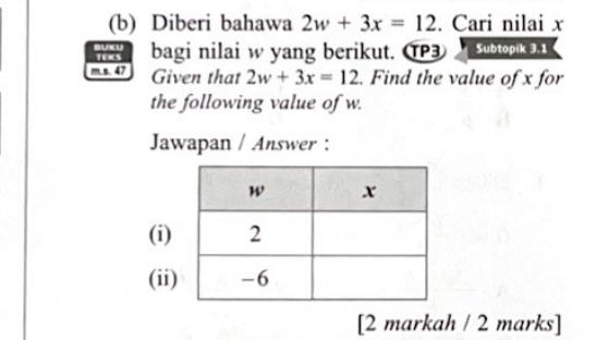 Diberi bahawa 2w+3x=12. Cari nilai x
BUKu TOKS bagi nilai w yang berikut. T3 Subtopik 3,1 
m.s. 47 Given that 2w+3x=12. Find the value of x for 
the following value of w. 
Jawapan / Answer : 
(i) 
(ii 
[2 markah / 2 marks]