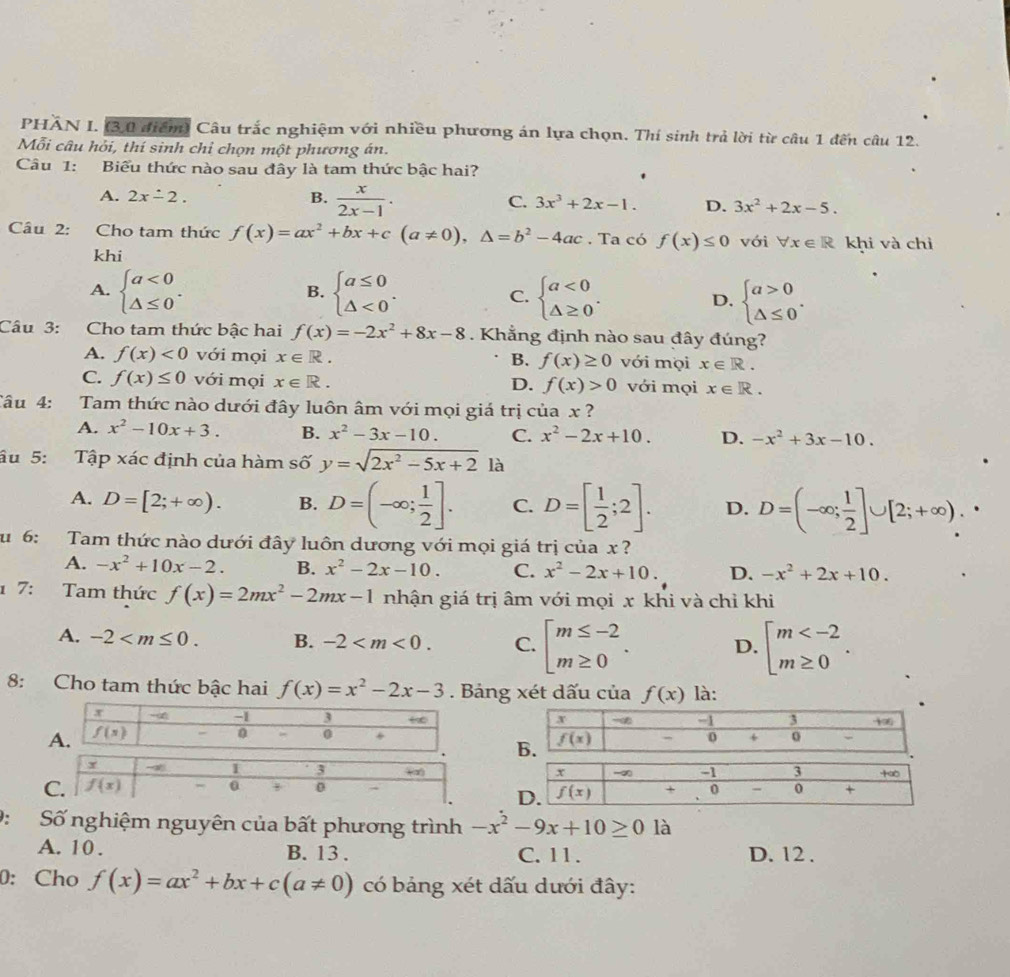 PHÁN I. (3.0 diểm) Câu trắc nghiệm với nhiều phương án lựa chọn. Thí sinh trả lời từ câu 1 đến câu 12.
Mỗi câu hỏi, thí sinh chỉ chọn một phương án.
Câu 1: Biểu thức nào sau đây là tam thức bậc hai?
A. 2x-2. B.  x/2x-1 . C. 3x^3+2x-1. D. 3x^2+2x-5.
Câu 2: Cho tam thức f(x)=ax^2+bx+c(a!= 0),△ =b^2-4ac. Ta có f(x)≤ 0 với forall x∈ R khi và chỉ
khi
A. beginarrayl a<0 △ ≤ 0endarray. . beginarrayl a≤ 0 △ <0endarray. . C. beginarrayl a<0 △ ≥ 0endarray. . D. beginarrayl a>0 △ ≤ 0endarray. .
B.
Câu 3: Cho tam thức bậc hai f(x)=-2x^2+8x-8. Khẳng định nào sau đây đúng?
A. f(x)<0</tex> với mọi x∈ R. B. f(x)≥ 0 với mọi x∈ R.
C. f(x)≤ 0 với mọi x∈ R. f(x)>0 với mọi x∈ R.
D.
Câu 4: Tam thức nào dưới đây luôn âm với mọi giá trị của x ?
A. x^2-10x+3. B. x^2-3x-10. C. x^2-2x+10. D. -x^2+3x-10.
âu 5: Tập xác định của hàm số y=sqrt(2x^2-5x+2) là
A. D=[2;+∈fty ). B. D=(-∈fty ; 1/2 ]. C. D=[ 1/2 ;2]. D. D=(-∈fty ; 1/2 ]∪ [2;+∈fty ).
u 6: Tam thức nào dưới đây luôn dương với mọi giá trị của x  ?
A. -x^2+10x-2. B. x^2-2x-10. C. x^2-2x+10. D. -x^2+2x+10.
ι 7: Tam thức f(x)=2mx^2-2mx-1 nhận giá trị âm với mọi x khi và chỉ khi
A. -2 B. -2 C. beginarrayl m≤ -2 m≥ 0endarray. . D. beginarrayl m
8: Cho tam thức bậc hai f(x)=x^2-2x-3. Bảng xét dấu của f(x) là:
 
 
9: Số nghiệm nguyên của bất phương trình -x^2-9x+10≥ 0 là
A. 10 . B. 13 . C. 11 . D. 12 .
0: Cho f(x)=ax^2+bx+c(a!= 0) có bảng xét dấu dưới đây: