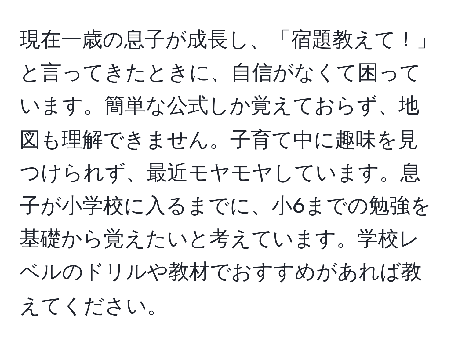 現在一歳の息子が成長し、「宿題教えて！」と言ってきたときに、自信がなくて困っています。簡単な公式しか覚えておらず、地図も理解できません。子育て中に趣味を見つけられず、最近モヤモヤしています。息子が小学校に入るまでに、小6までの勉強を基礎から覚えたいと考えています。学校レベルのドリルや教材でおすすめがあれば教えてください。