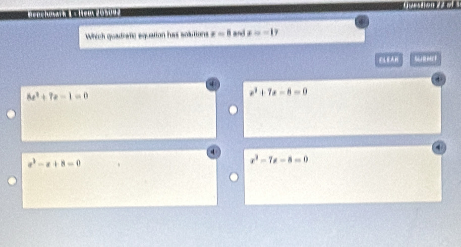 Question
Which quadratic equation has solutions x=8 and x=-19
ELEAH GLRMIF
8e^2+7e-1=0
x^2+7x-8=0
4
x^2-x+8=0
x^2-7x-8=0