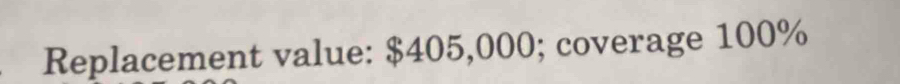 Replacement value: $405,000; coverage 100%