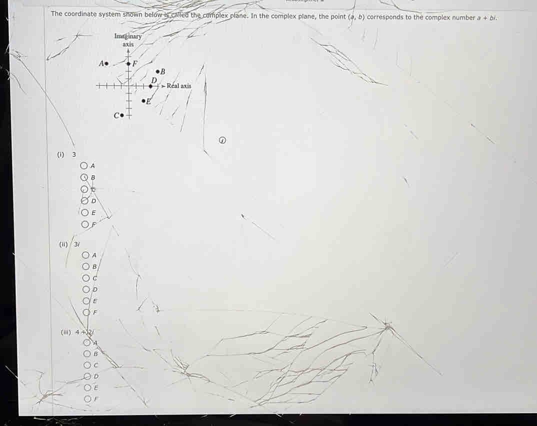 The coordinate system shown below is called the complex plane. In the complex plane, the point (a,b) corresponds to the complex number a+bi
Imaginary
axis
A F
B
D Réal axis
C●
(i) 3
A
B
E
(ii) 3
A
B
D
E
^
(iii)
4
B
C
D