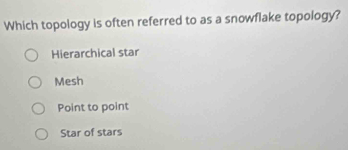 Solved: Which topology is often referred to as a snowflake topology ...