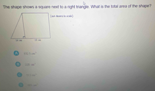 The shape shows a square next to a right triangle. What is the total area of the shape?
(not drawn to scale)
a 3325cm^2
221cm^2
a 513mn^2
a cos cm^2