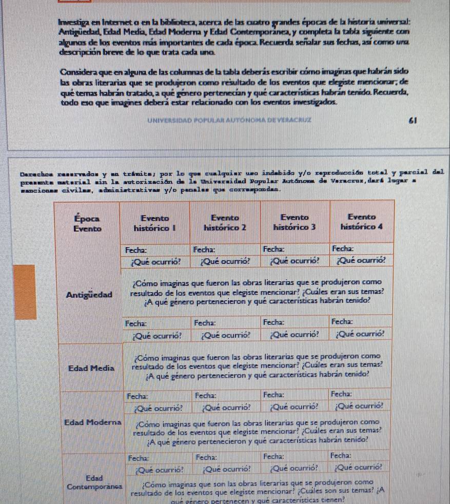 Investiga en Internet o en la biblioteca, acerca de las cuatro grandes épocas de la historia universal: 
Antigüedad, Edad Media, Edad Moderna y Edad Contemporánea, y completa la tabla siguiente con 
algunos de los eventos más importantes de cada época. Recuerda señalar sus fechas, así como una 
descripción breve de lo que trata cada uno. 
Considera que en alguna de las columnas de la tabla deberás escribir cómo imaginas que habrán sido 
las obras literarias que se produjeron como resultado de los eventos que elegiste mencionar; de 
qué teras habrán tratado, a quê gênero pertenecían y qué características habrán tenido. Recuerda, 
todo eso que imagines deberá estar relacionado con los eventos investigados. 
61 
Derechos reservados y sa trámita, por lo que cualquier uso indebido y/o reproducción total y parcial del 
presente esterial ain la autorización de la Universidad Popular Motónoma de Veracrez,dará logar a 
cancmintivas y/c pecales que correspondan. 
o 
resultado de los eventos que elegiste mencionar? ¿Cuáles son sus temas? ¿A 
qué aénero pertenecen y qué características tienen?