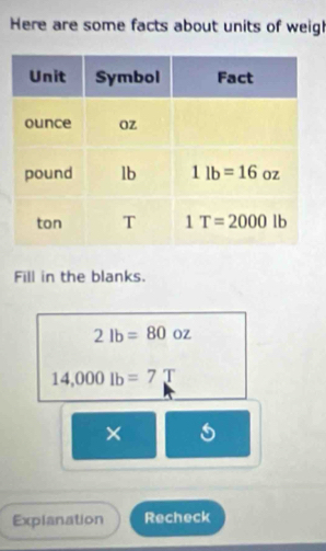 Here are some facts about units of weigh
Fill in the blanks.
2lb=80oz
14,000lb=7T
×
Explanation Recheck