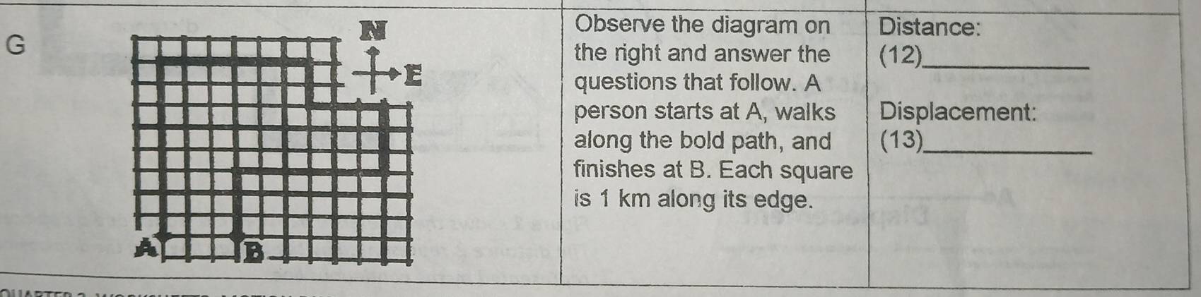 Observe the diagram on Distance: 
the right and answer the (12)_ 
questions that follow. A 
person starts at A, walks Displacement: 
along the bold path, and (13)_ 
finishes at B. Each square 
is 1 km along its edge.