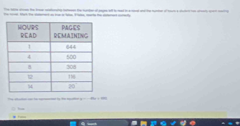 The table shown the linear relatonship between the number of pages left to read in a rovel and the number of tours a sludent has sireely spent reeding
the novel. Mark the statement as true or false. I false, reenite the statement comecly
The sitaction can be represented by the equation y=-46x+602
Teus
# Fam=