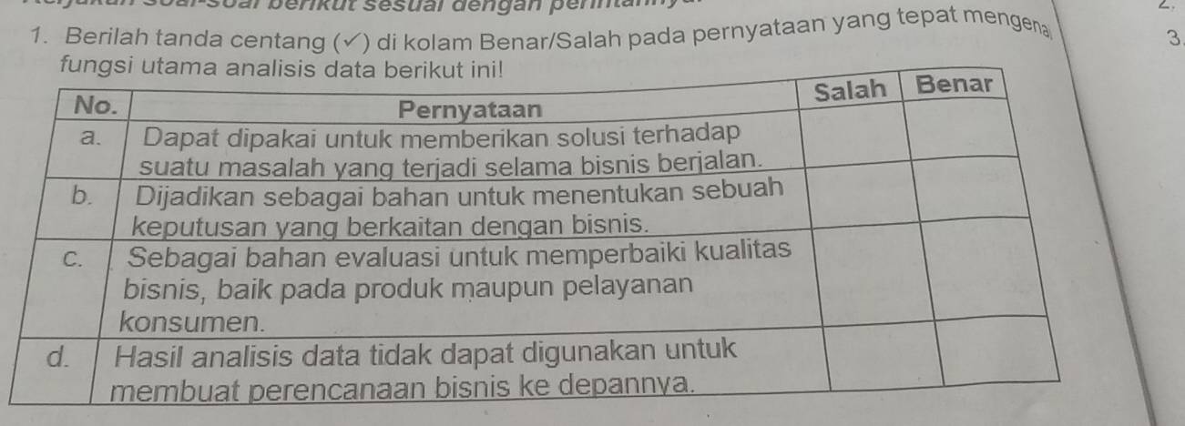 soar berkut sesuai dengan perna 
1. Berilah tanda centang (✓) di kolam Benar/Salah pada pernyataan yang tepat mengen 
3