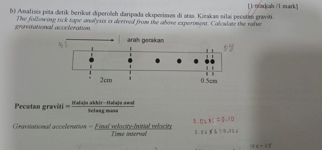 [l markah /l mark] 
b) Analisis pita detik berikut diperoleh daripada eksperimen di atas. Kirakan nilai pecutan graviti. 
The following tick tape analysis is derived from the above experiment. Calculate the value 
gravitational acceleration. 
Pecutan graviti = (Halajuakhir-Halajuawal)/Selangmasa 
Gravitational acceleration = (Finalvelocity-Initialvelocity)/Timeinterval 