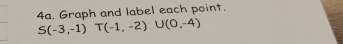 Graph and label each point.
S(-3,-1)T(-1,-2)∪ (0,-4)