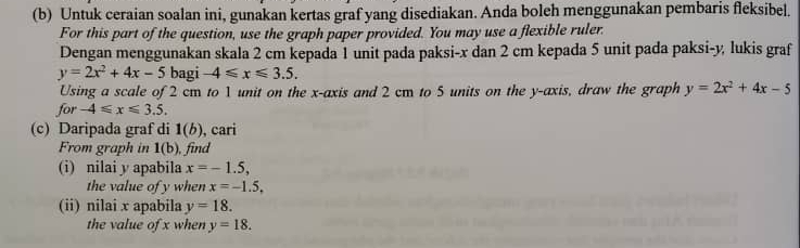 Untuk ceraian soalan ini, gunakan kertas graf yang disediakan. Anda boleh menggunakan pembaris fleksibel. 
For this part of the question, use the graph paper provided. You may use a flexible ruler. 
Dengan menggunakan skala 2 cm kepada 1 unit pada paksi- x dan 2 cm kepada 5 unit pada paksi- y, lukis graf
y=2x^2+4x-5 bagi -4≤slant x≤slant 3.5. 
Using a scale of 2 cm to 1 unit on the x-axis and 2 cm to 5 units on the y-axis, draw the graph y=2x^2+4x-5
for -4≤slant x≤slant 3.5. 
(c) Daripada graf di 1(b) , cari 
From graph in 1(b), find 
(i) nilai y apabila x=-1.5, 
the value of y when x=-1.5, 
(ii) nilai x apabila y=18. 
the value of x when y=18.