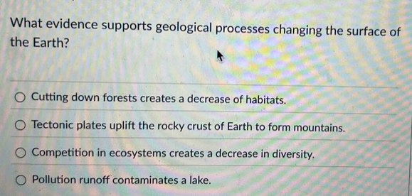 What evidence supports geological processes changing the surface of
the Earth?
Cutting down forests creates a decrease of habitats.
Tectonic plates uplift the rocky crust of Earth to form mountains.
Competition in ecosystems creates a decrease in diversity.
Pollution runoff contaminates a lake.