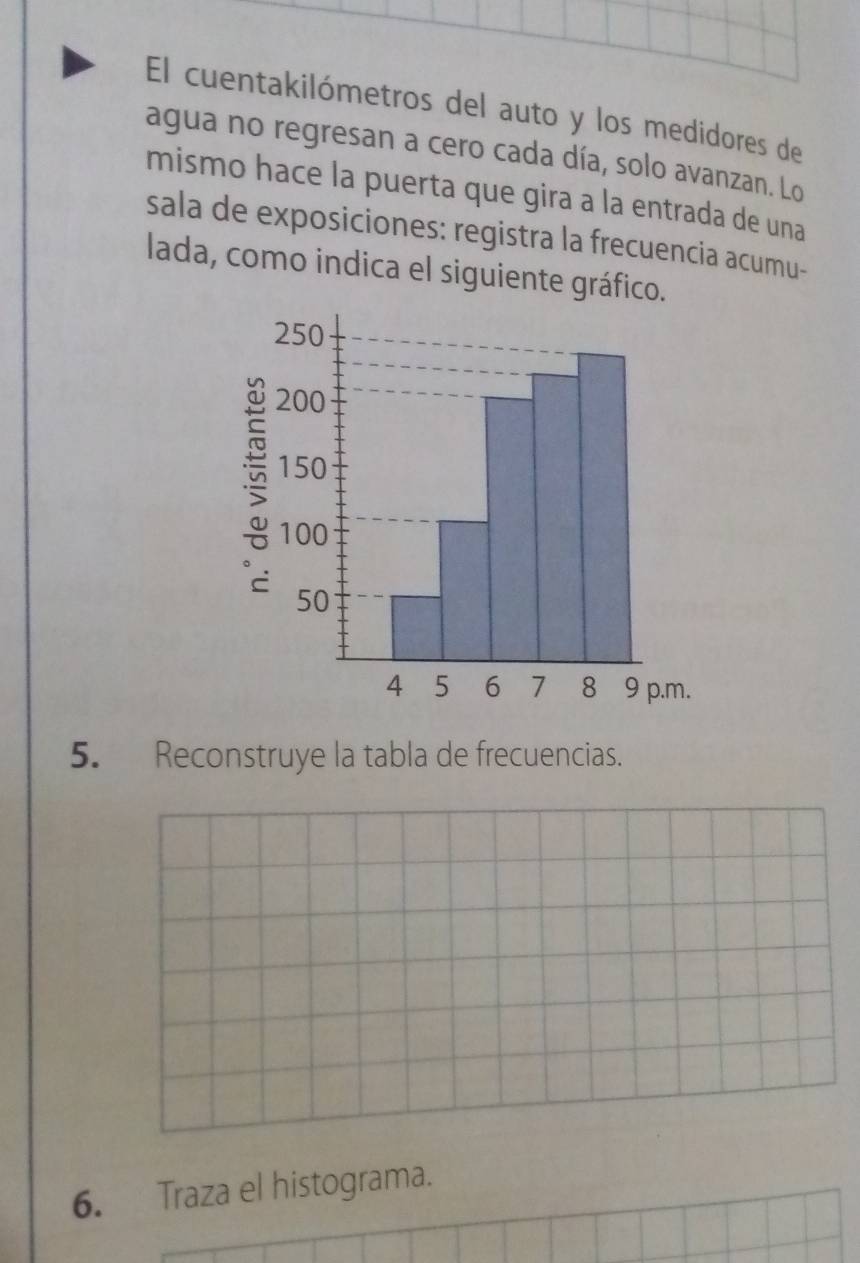 El cuentakilómetros del auto y los medidores de 
agua no regresan a cero cada día, solo avanzan. Lo 
mismo hace la puerta que gira a la entrada de una 
sala de exposiciones: registra la frecuencia acumu- 
lada, como indica el siguiente gráfico. 
5. Reconstruye la tabla de frecuencias. 
6. Traza el histograma.