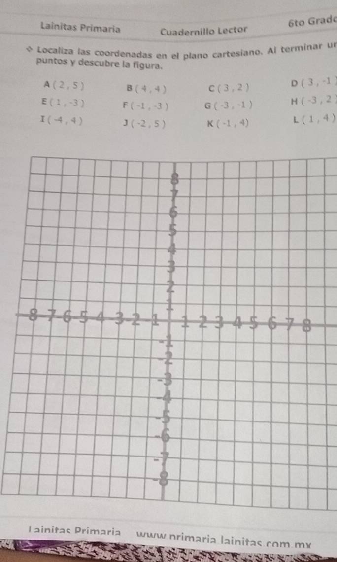 Lainitas Primaria Cuadernillo Lector 
6to Grado 
~ Localiza las coordenadas en el plano cartesiano. Al terminar un 
puntos y descubre la figura.
A(2,5) B(4,4) C(3,2) D (3,-1)
E(1,-3) F(-1,-3) G(-3,-1) H (-3,2)
I(-4,4) J(-2,5) K(-1,4) L (1,4)
I ainitas Primaria www primaria lainitas.com mx