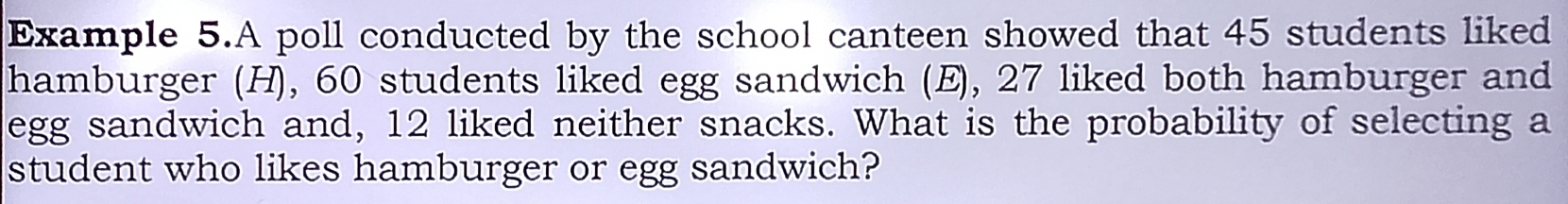 Example 5.A poll conducted by the school canteen showed that 45 students liked 
hamburger (H), 60 students liked egg sandwich (E), 27 liked both hamburger and 
egg sandwich and, 12 liked neither snacks. What is the probability of selecting a 
student who likes hamburger or egg sandwich?