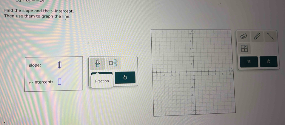 Find the slope and the y-intercept. 
Then use them to graph the line.
□  □ /□  
× 
slope: 
y-intercept: Fraction