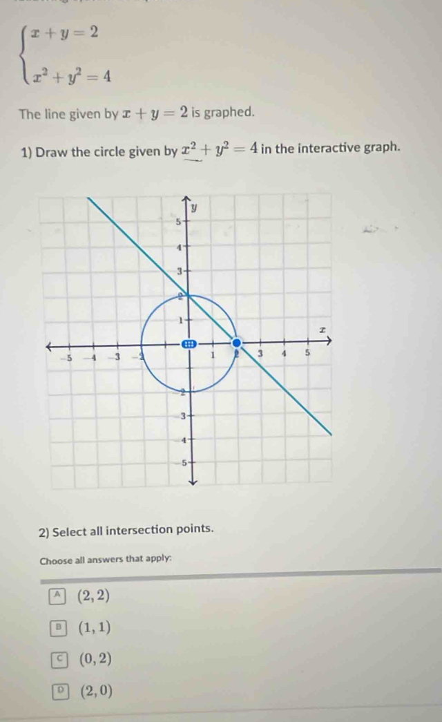 beginarrayl x+y=2 x^2+y^2=4endarray.
The line given by x+y=2 is graphed.
1) Draw the circle given by x^2+y^2=4 in the interactive graph.
2) Select all intersection points.
Choose all answers that apply:
A (2,2)
B (1,1)
C (0,2)
D (2,0)