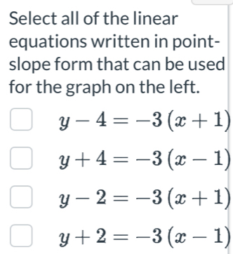 Select all of the linear
equations written in point-
slope form that can be used
for the graph on the left.
y-4=-3(x+1)
y+4=-3(x-1)
y-2=-3(x+1)
y+2=-3(x-1)