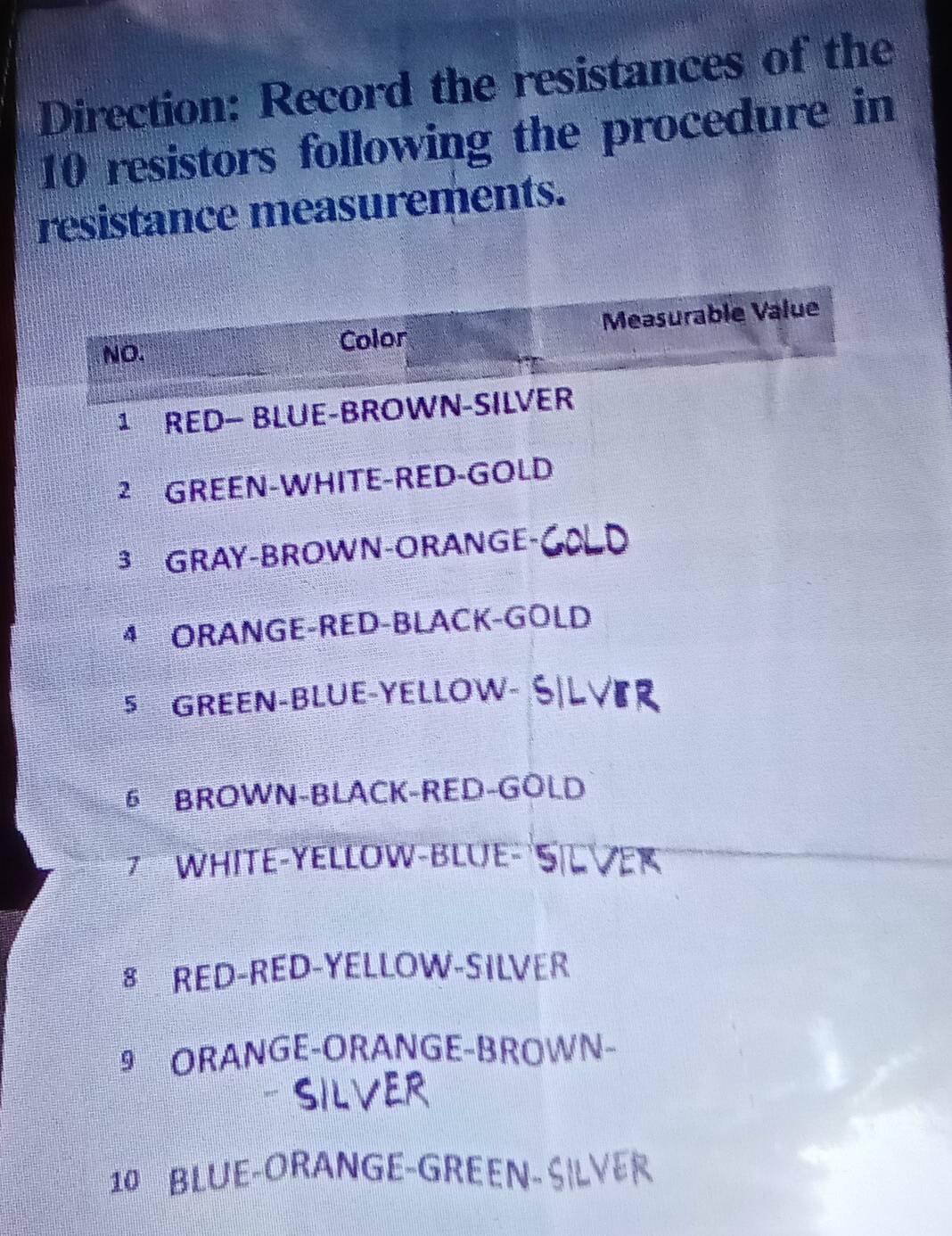 Direction: Record the resistances of the
10 resistors following the procedure in 
resistance measurements. 
NO. Color Measurable Value 
¹ RED- BLUE-BROWN-SILVER 
² GREEN-WHITE-RED-GOLD 
³ GRAY-BROWN-ORANGE- 
4 ORANGE-RED-BLACK-GOLD 
5 GREEN-BLUE-YELLOW- 
6 BROWN-BLACK-RED-GÖLD 
7 WHITE-YELLOW-BLUE-
8 RED-RED-YELLOW-SILVER 
9 ORANGE-ORANGE-BROWN- 
10 BLUE-ORANGE-GREEN-