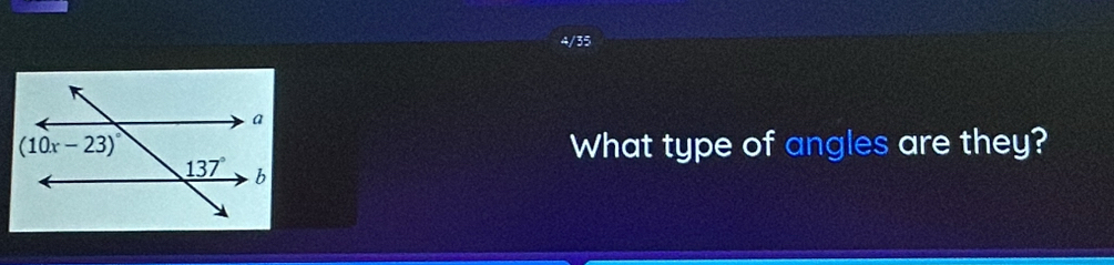 4/35
What type of angles are they?