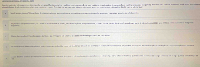 Iscrobologa básica e ambenta (1130)
Grande parte dos micronganismos desempenha um papel fundamental no equilibrio e na manutenção da vida na biostera, realizando a decomposição da matéria (orgânica e inorgârica), incluindo uma série de poluentes, propiciando a reciclage
disponibilidade de elementos essenciais para outros seres vivos. Com base no que sabemnos sobre o ciclo de nutrientes por processos microbiológicos, NAO é correto afirmar que.
A Bectérias dos gêneros Thiobacillus e Beggiatoa realizam a quimiossintese e, por oxidarem compostos de enxofre, podem sn chamadas, também, de sulfobactérias.
disponiveis. No processo de quimiossintese, ao contrário da fotossintese, ou seja, sem a utização de energia luminosa, ocome a sintese (produção) de matéria orgânica a partir de gás carbônico (CO2), água (H2O) e outras substâncias inorgânicas
cMultas das cianobactórias são capazes de fixar o gás nitrogênio em amônia, que pode ner utilizada pela célula em crescimento.
. A baciérias dos gêneros hitrobacter e Nitrosomonas, conhecidas como nitrobactérias, também são exemplos de seres quimiossintesizantes. Encontradas no solo, são responsáveis pela manutenção do cício do nitropênio no ambilente
A vida de seres aeróbios e heterotróficos independe da contribuição dos seres microscópicos como canobactérias e microaígas (seres fotossinetizantes), que realizam a conversão da energia luminosa em energia química com liberação de
i