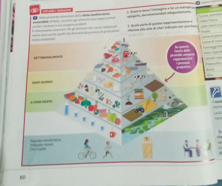 ESPLORO L'IMMAGINE 
9 Nella piramide alimentare della dieta mediterranea 1. Osserva bene l'immagine e fai un esemi 
sostenibile (IFMeD), accanto agli alimenti sono rappresentati spiegario, documentandoti adeguatamente 
E interessante osservare che gli alimenti che vanno consumati 2. Quale parte di questa rappresentaxione s Carote pomodo 
anche i contesti in cui vengono prodotti . 
ssi di produzione riferisce allo stile di vita? Indicala con una frec Frutta fresca Latte intero e y 
Patale 
Care di pesce 
Carre di mạn 
Formaggi fre 
Pane (tipo 0 
Cerealiépa 
Prosclutto 
cont 
espre 
Le kil 
ripor 
Qu 
ch 
U
60